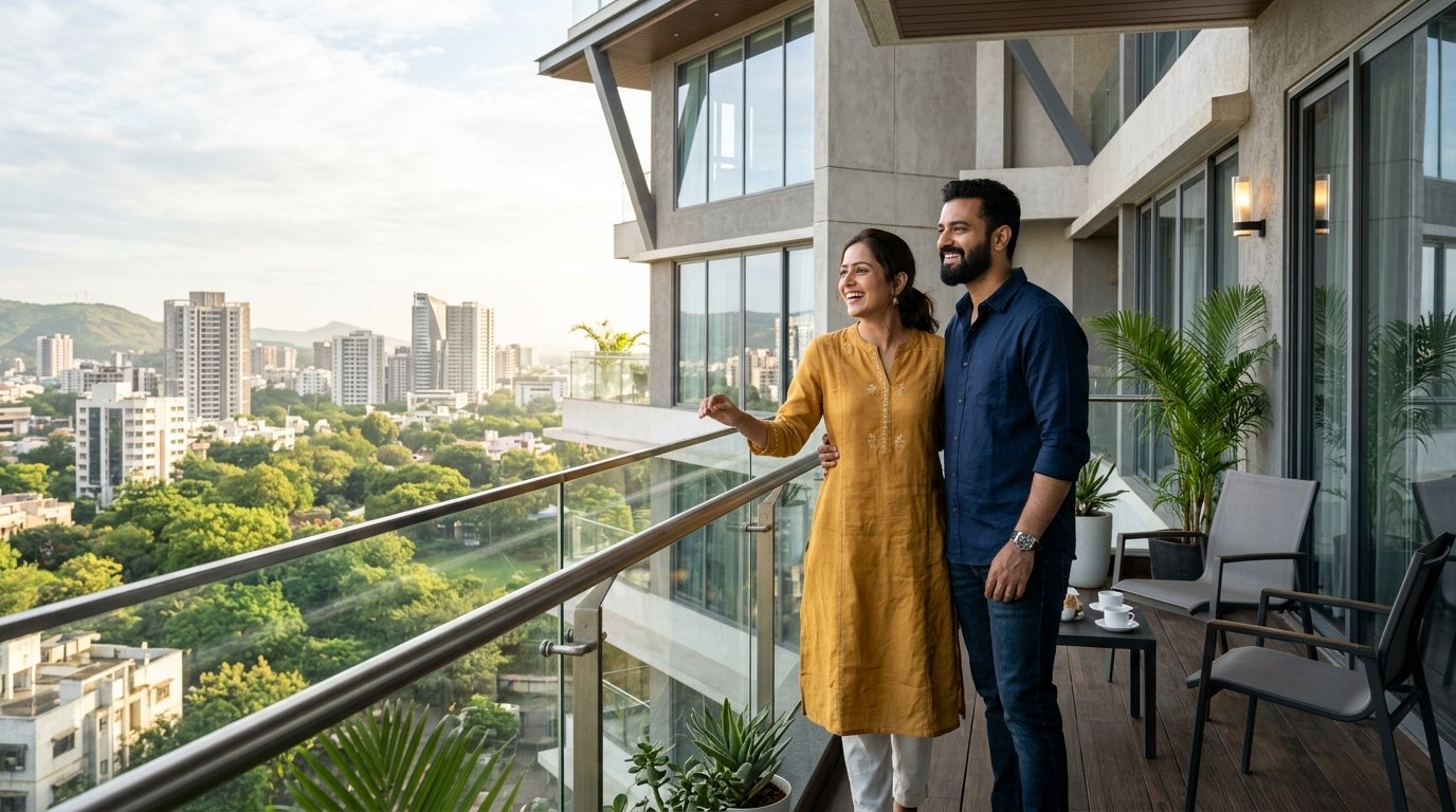 Indian homeowners viewing modern luxury villa