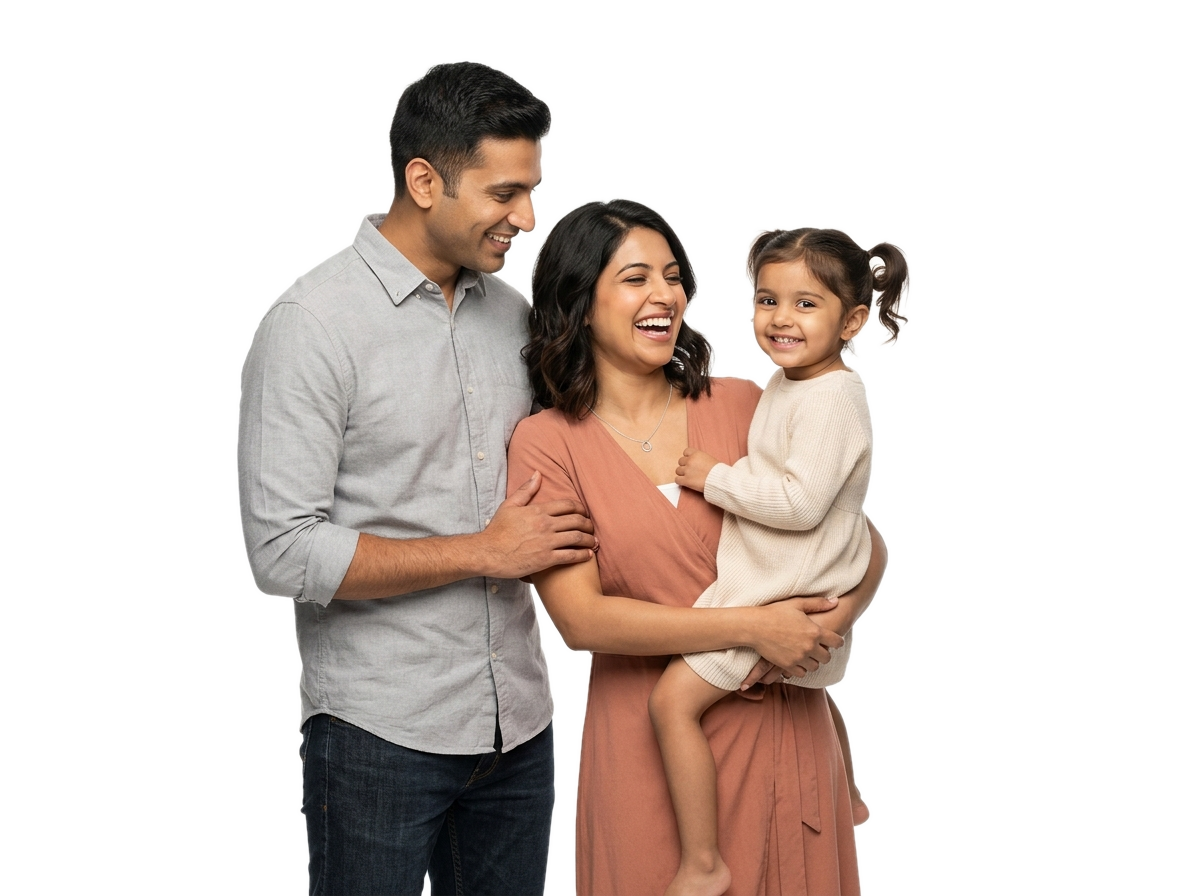 Modern Indian family admiring their new architectural villa
