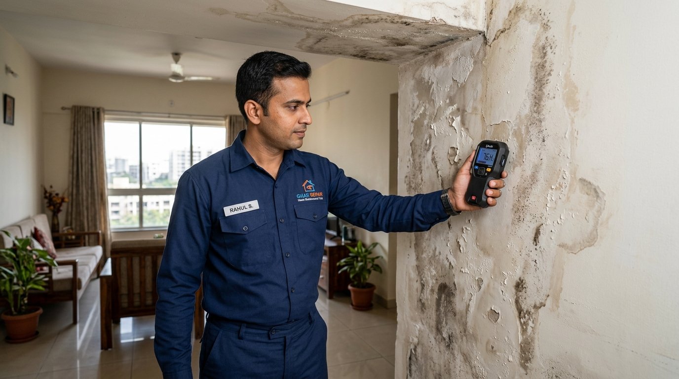 Professional inspecting dampness and water leakage in residential wall