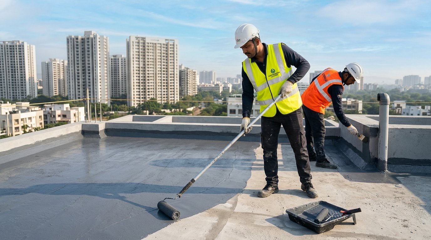 Skilled workers applying elastomeric waterproofing coating on residential terrace in Pune